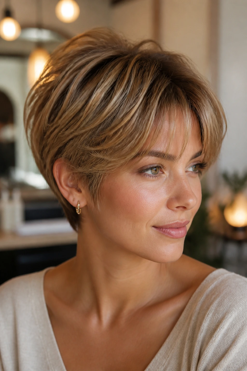 Close-up portrait of a real woman with soft layered pixie-bob and curtain fringe.