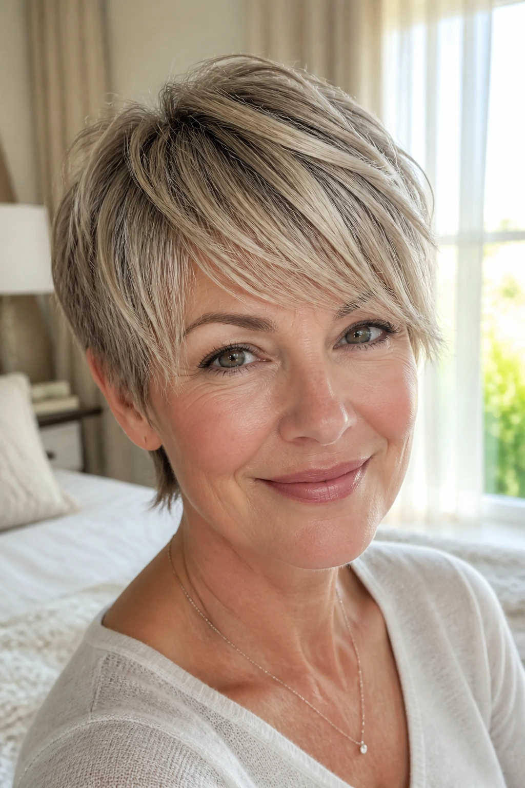 Close-up of real woman with soft layered pixie and side-swept fringe