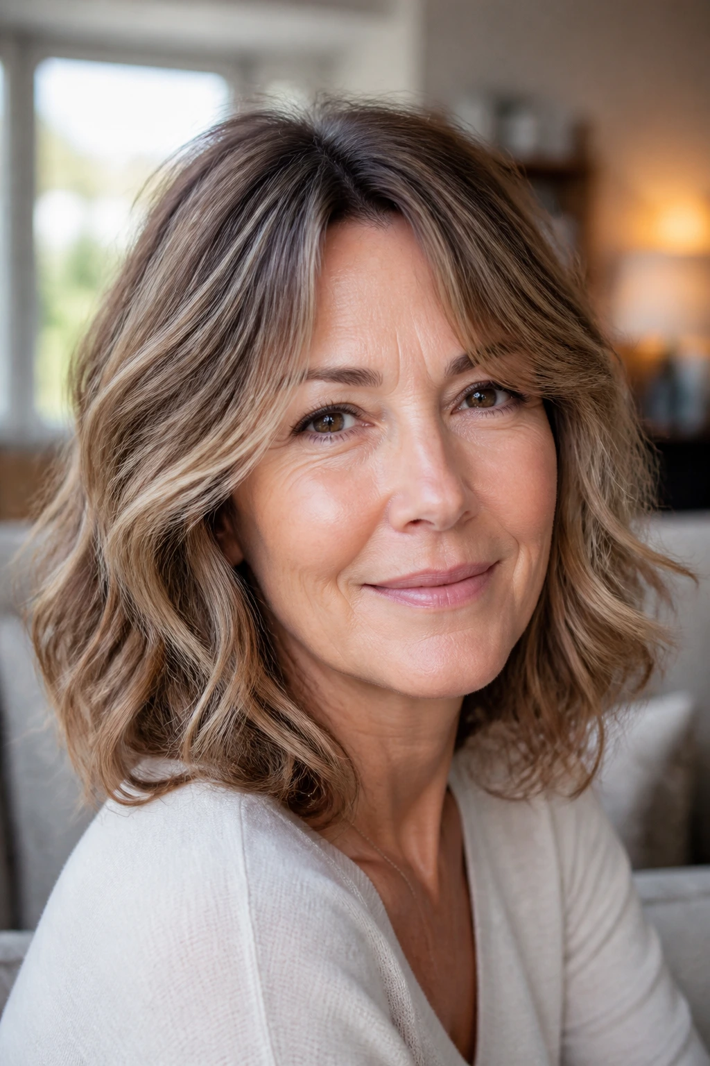 Close-up of a real woman with a soft layered shoulder bob