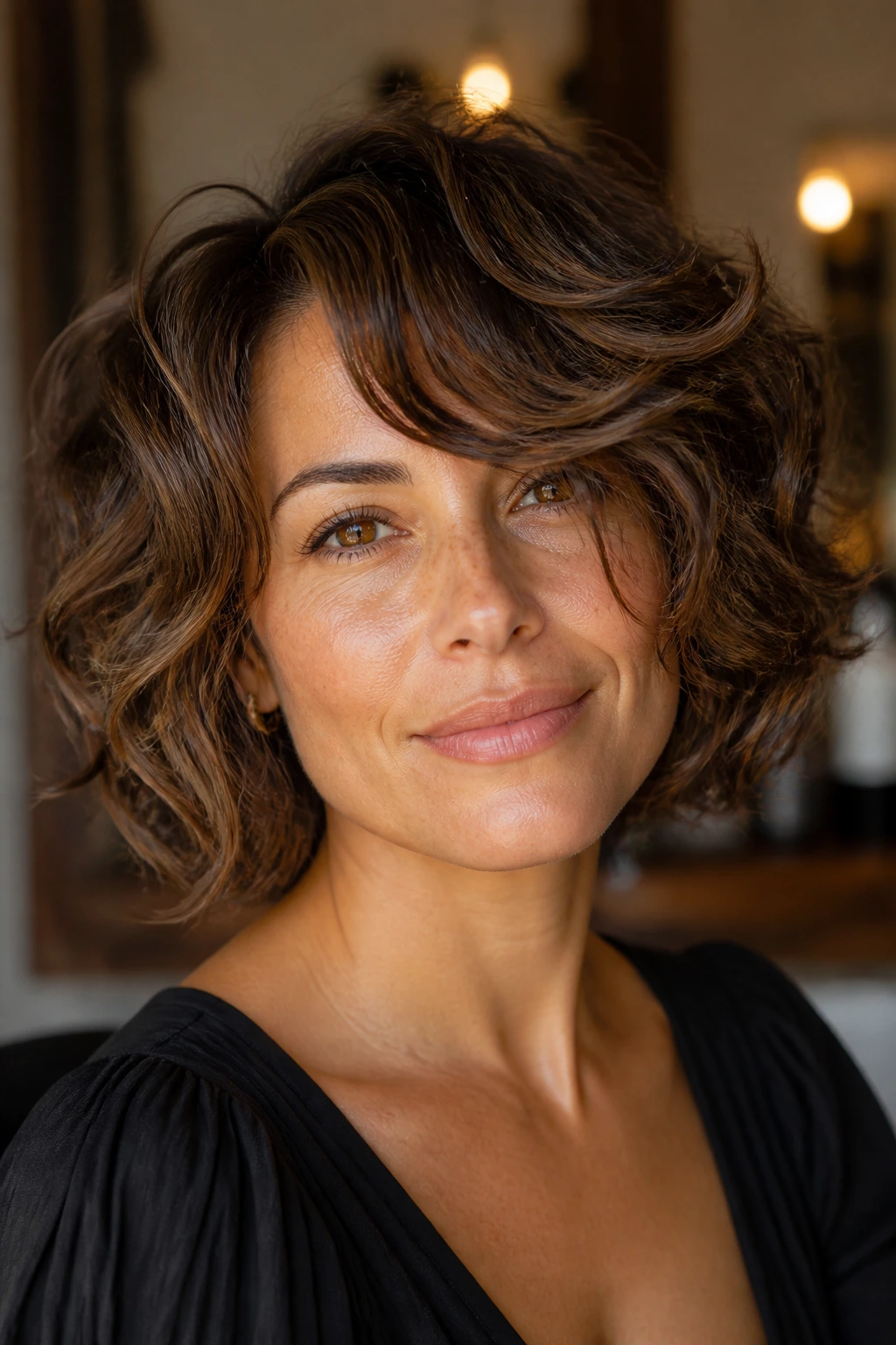 Woman with curly bob showing softer layering and bangs sweep