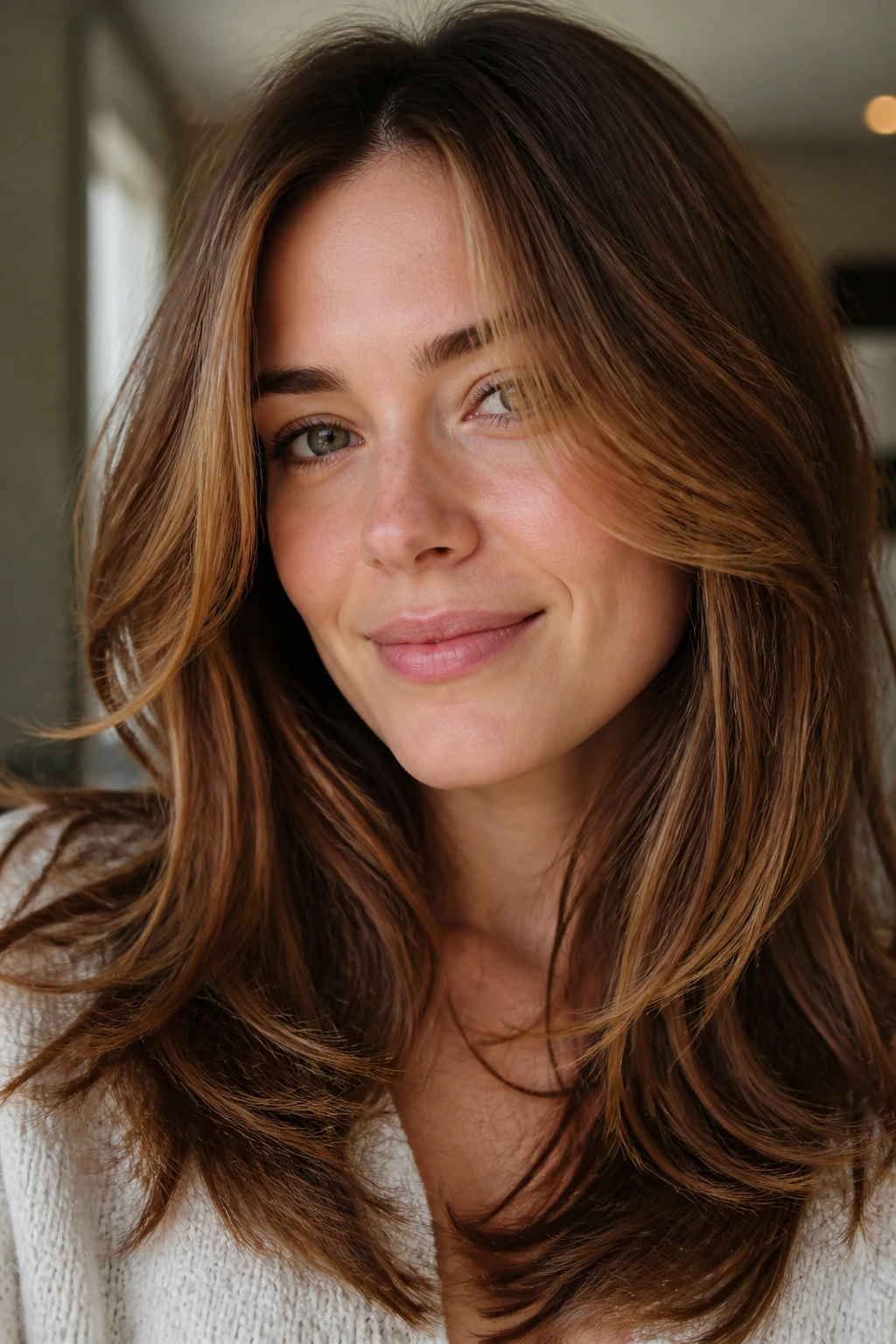 Soft layered brown amber hairstyle on a real person