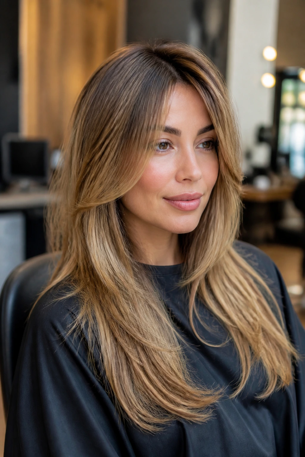 Real client in salon with soft layers framing the face