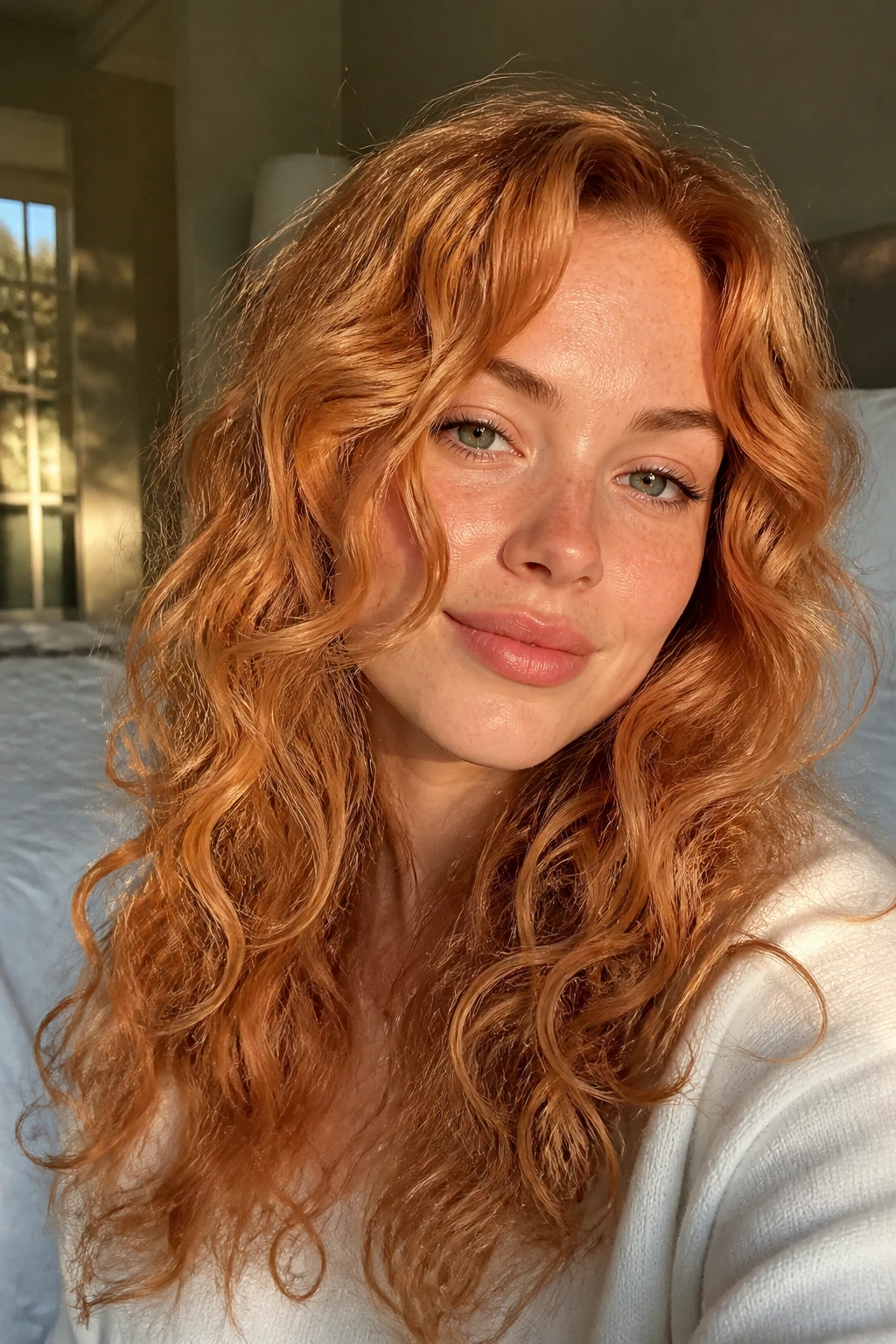 Close-up of a real woman with soft face-framing curls framing the cheeks