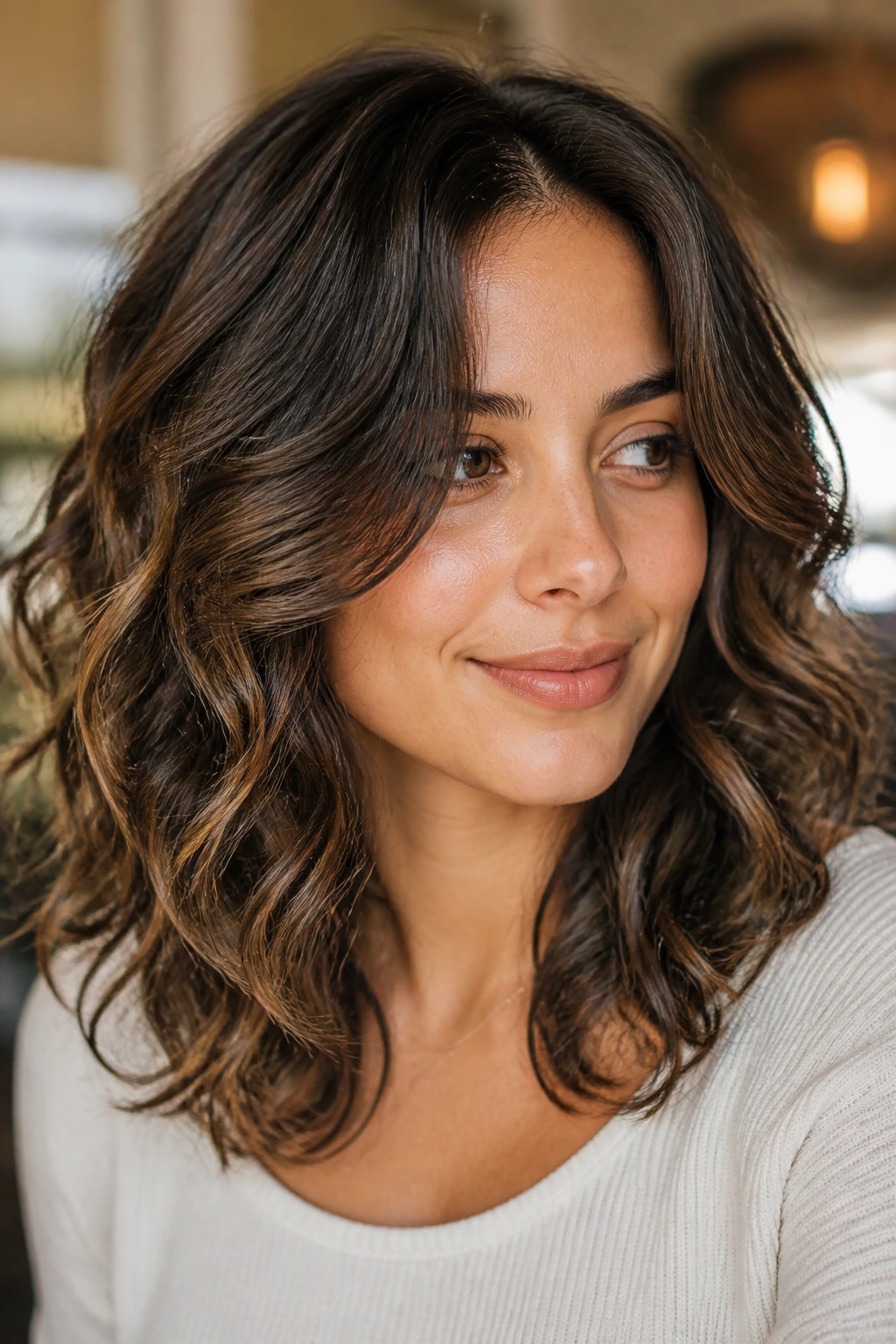 Real woman with soft layered shoulder-length hair framing her face