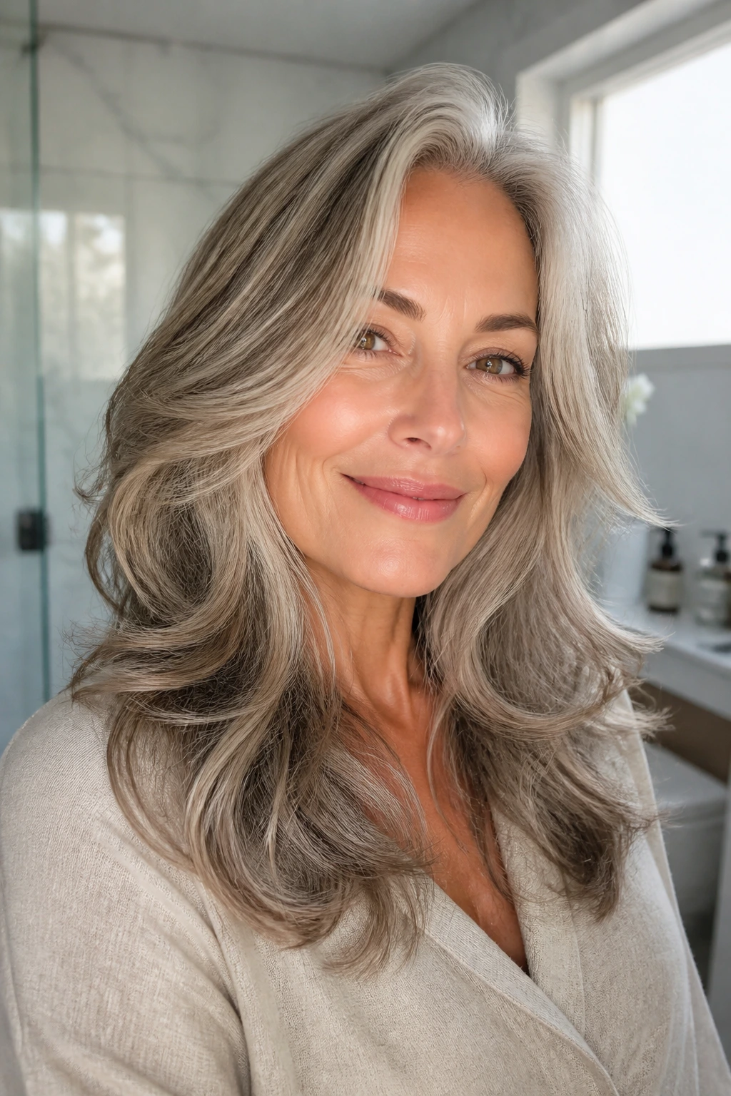 Portrait of a real person with fresh-looking grey layers and hydrated shine