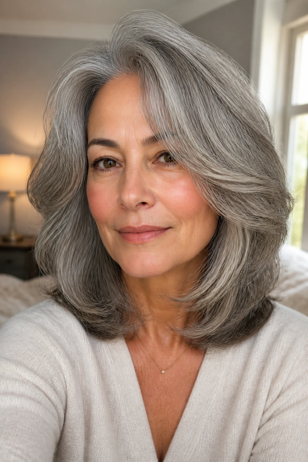 Close-up of a real woman with softly layered grey hair and warm skin under soft window light