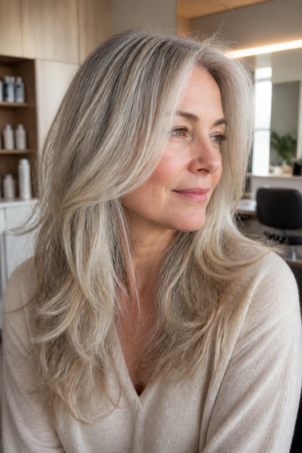 Close-up of a real woman's hair showing soft layered ends and face-framing layers.