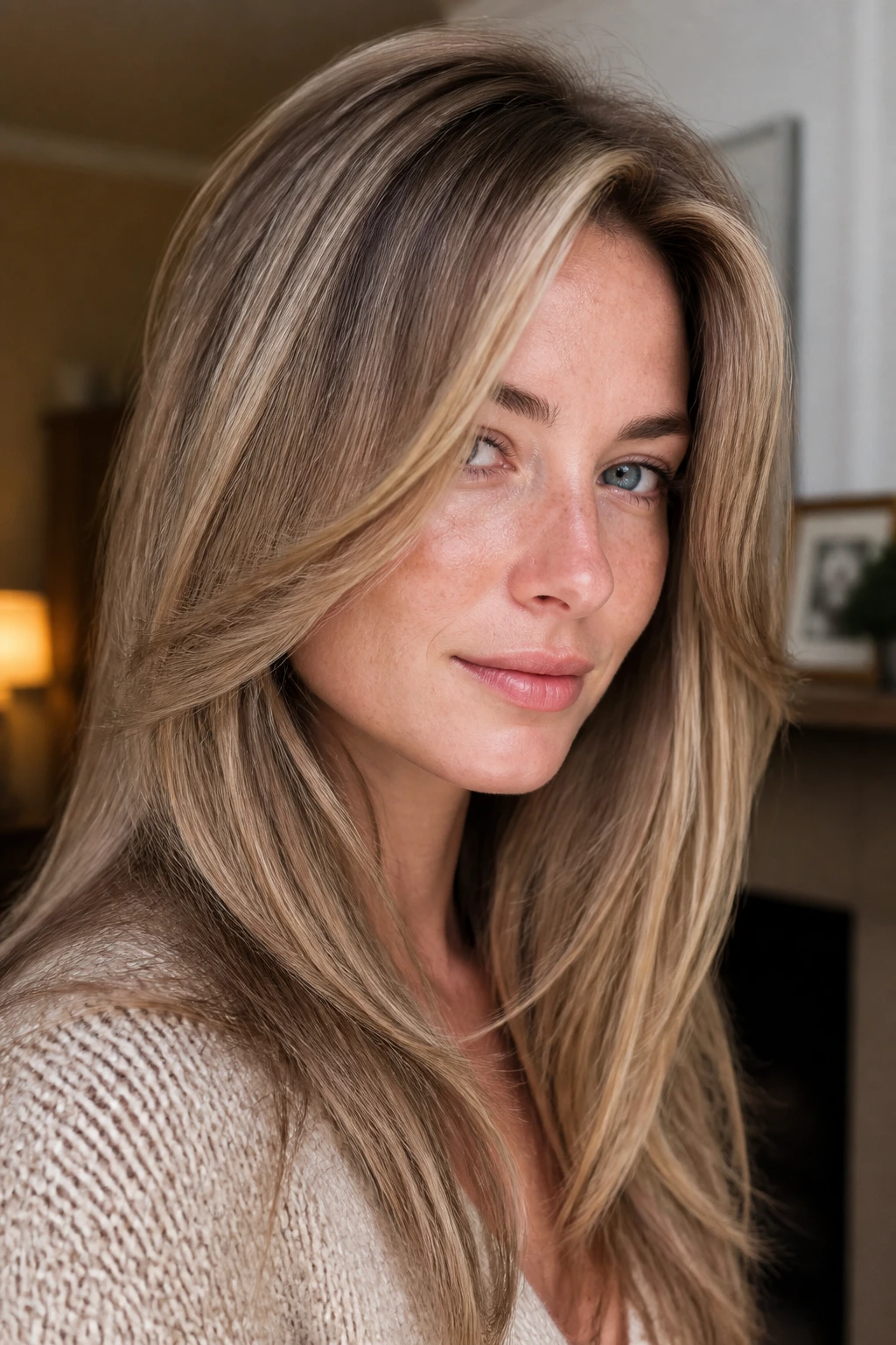 Close-up portrait showing feathered soft layers around the face