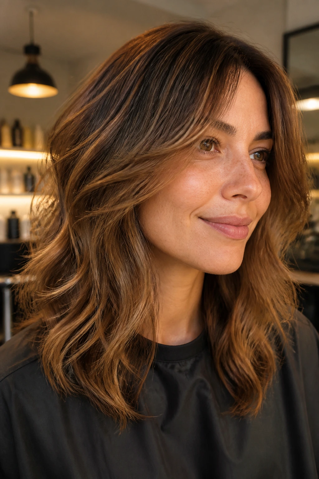 Portrait of a person with soft layered haircut around the cheekbone.