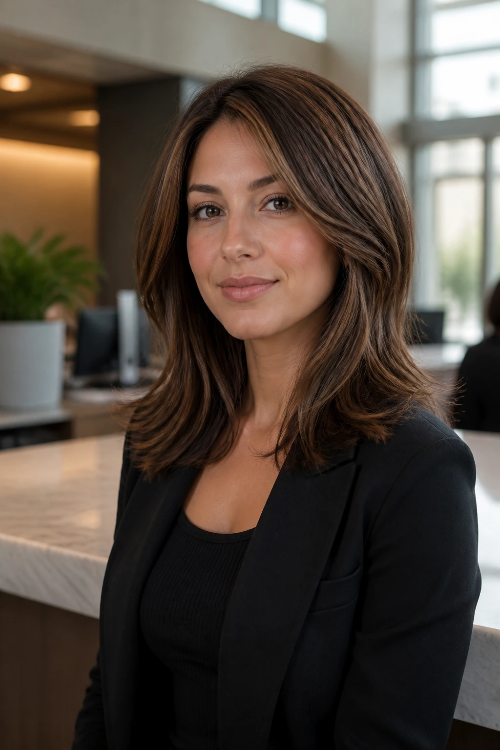 Close-up portrait of a real person with a soft-layered haircut in an office setting