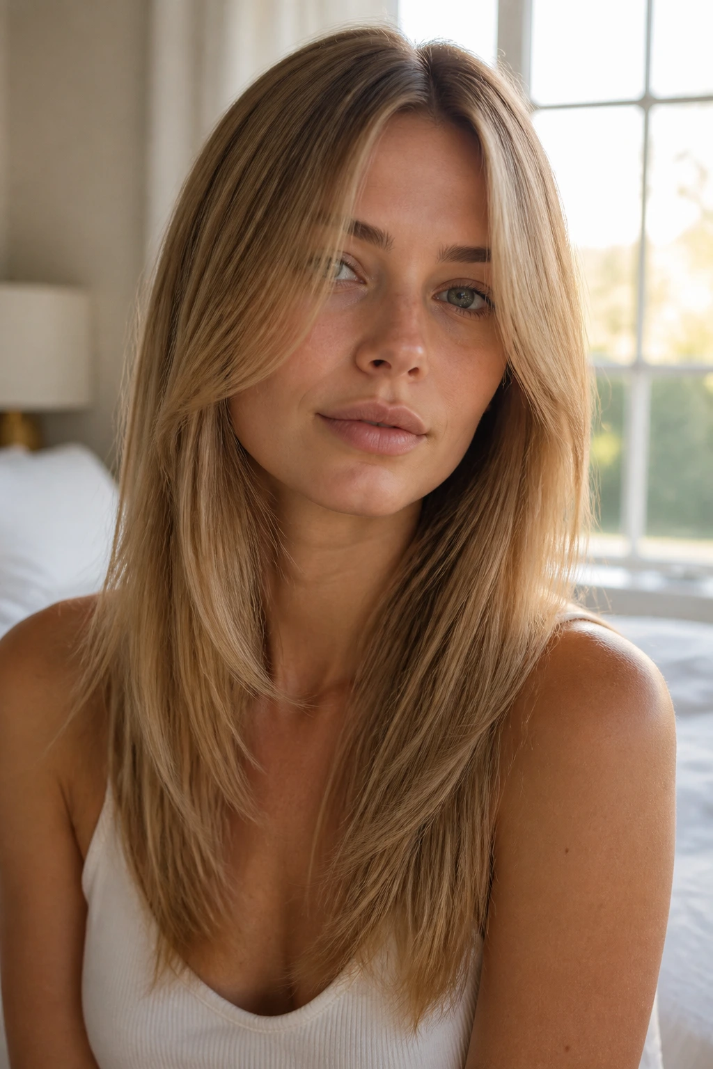 Close-up portrait of a real woman with long straight hair featuring a soft frame and subtle layers in a sunlit bedroom
