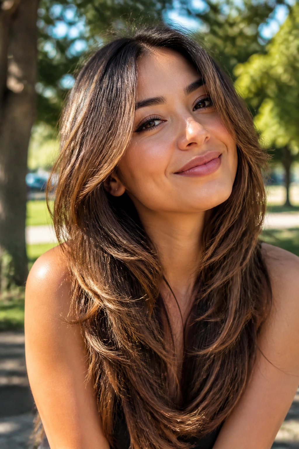 Portrait of a woman with long hair showing soft layers for a sharper, energetic silhouette outdoors
