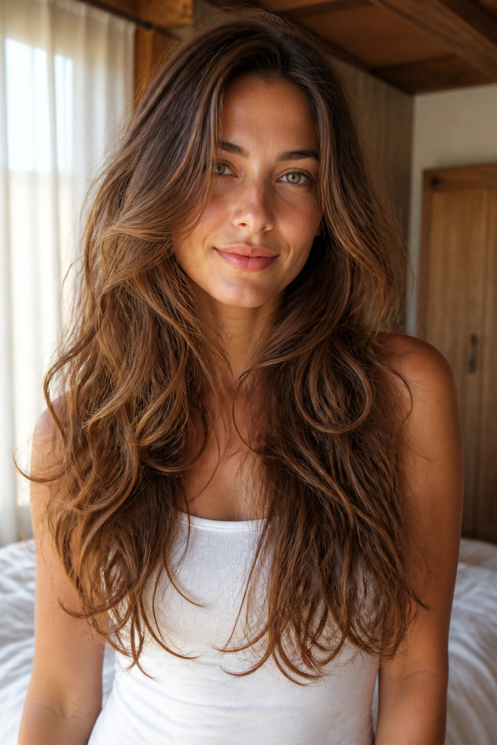 Portrait of a woman with long hair and soft collarbone-to-waist layers