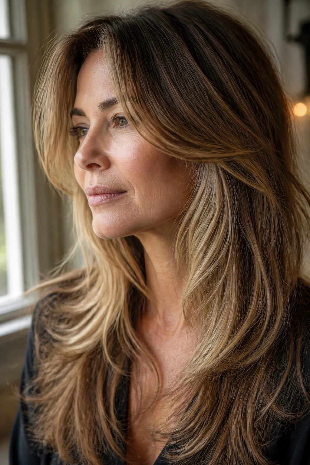Portrait showing soft layers lifting hair off the neck and framing the face.