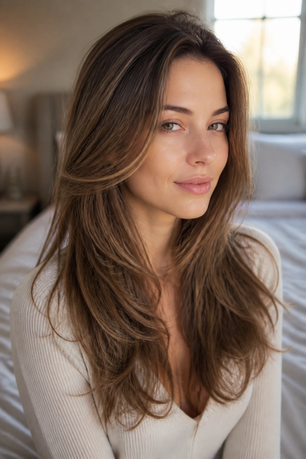 Close-up of a real person with soft layered long hair in warm natural light.