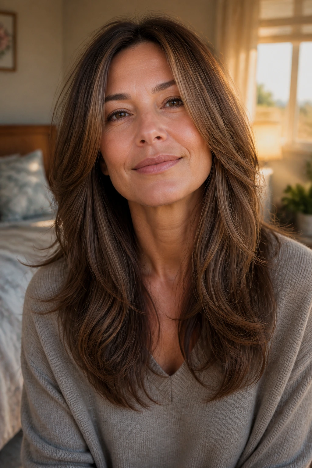 Close-up portrait of a real woman with long, softly layered hair preserved length, face-framing movement in natural warm light