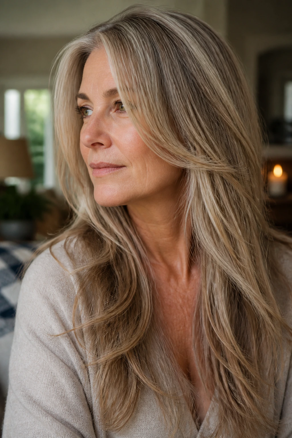 Close-up of a real woman with soft layers on long hair around the cheeks and crown