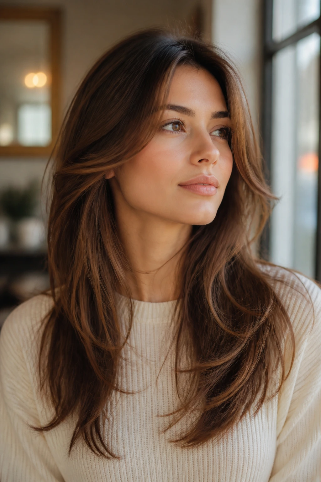 Portrait of a real woman with softly layered long hair illustrating variations