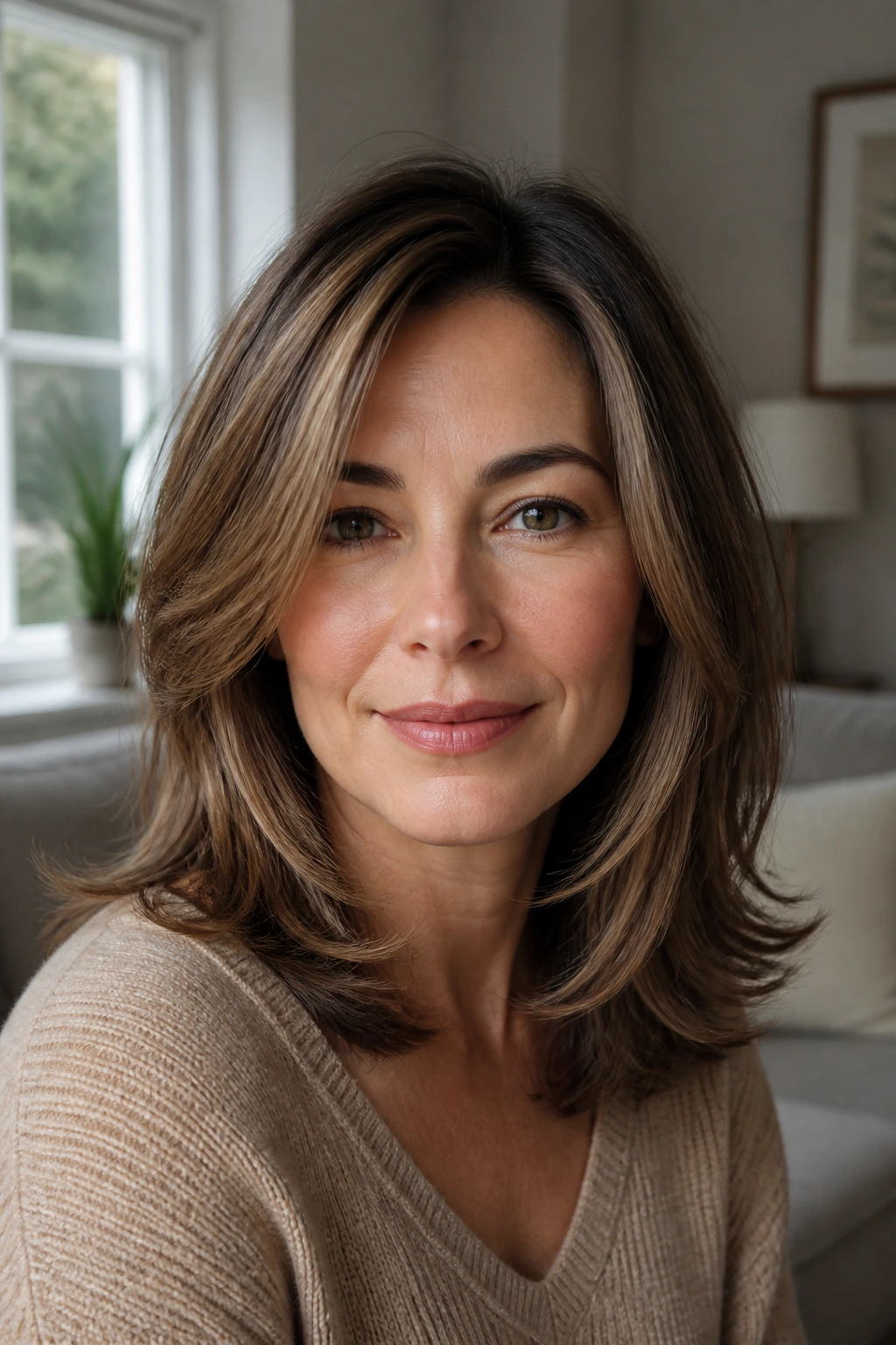 Close-up portrait of a real woman with medium-length soft layered hair and full perimeter.