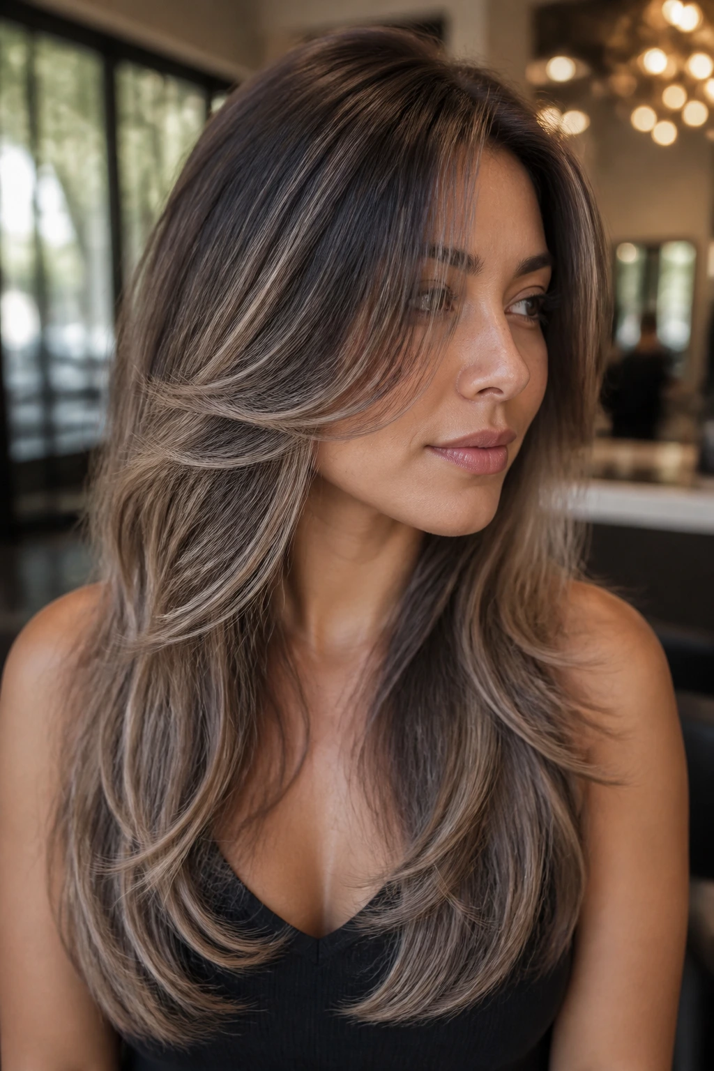 Close-up of a real person showcasing feathered soft layers around the face.