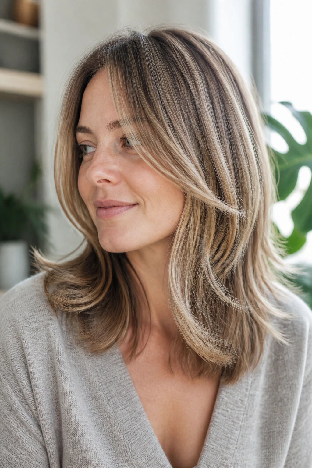 Close-up of a woman with shoulder-length hair showing movement from soft layers