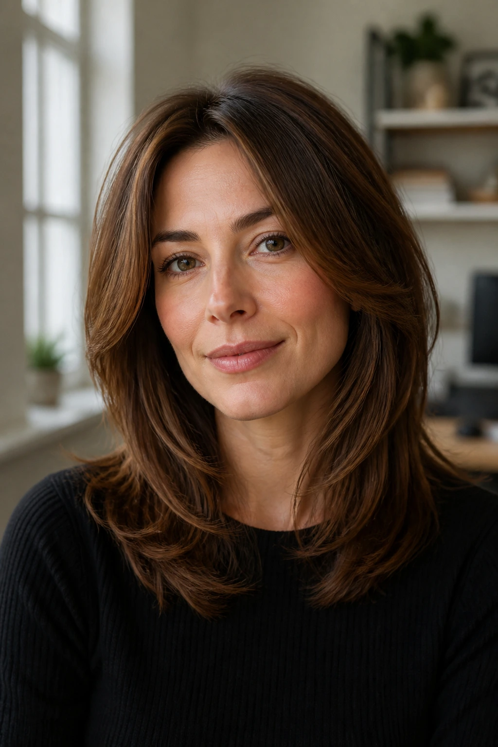 Close-up of a real woman with softly layered hair framing the face in a calm home office setting