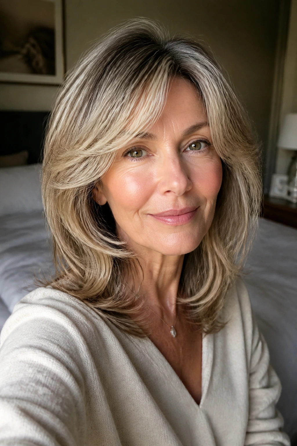 Close-up of a woman with soft layered hair framing her face in warm window light