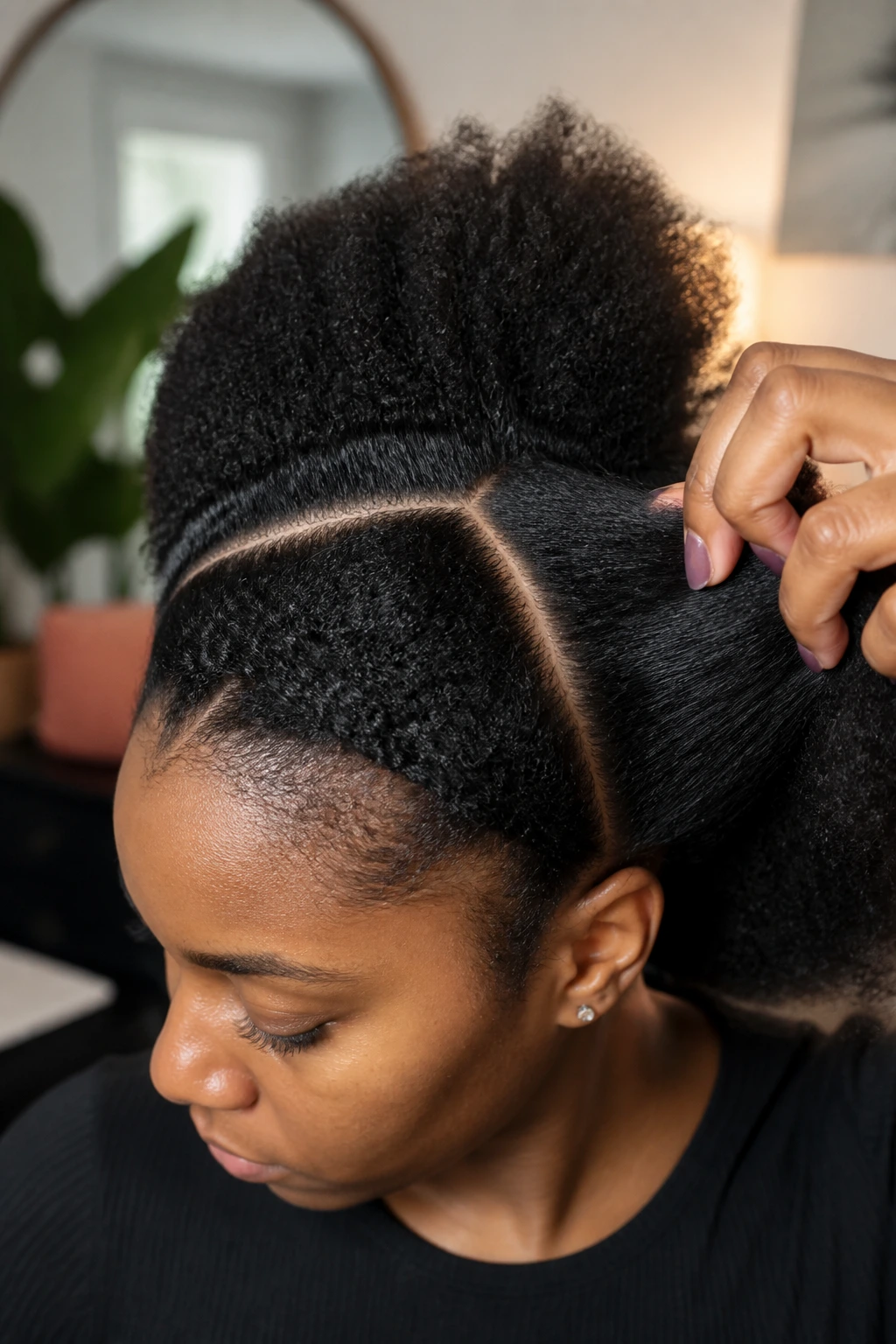 Close-up of a real person with dry, detangled hair and visible part lines during prep