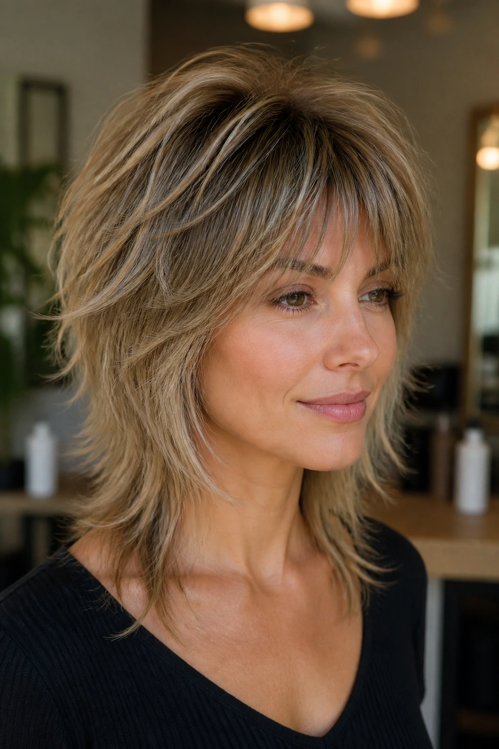 Close-up portrait of a real woman with soft layered shag showing crown lift
