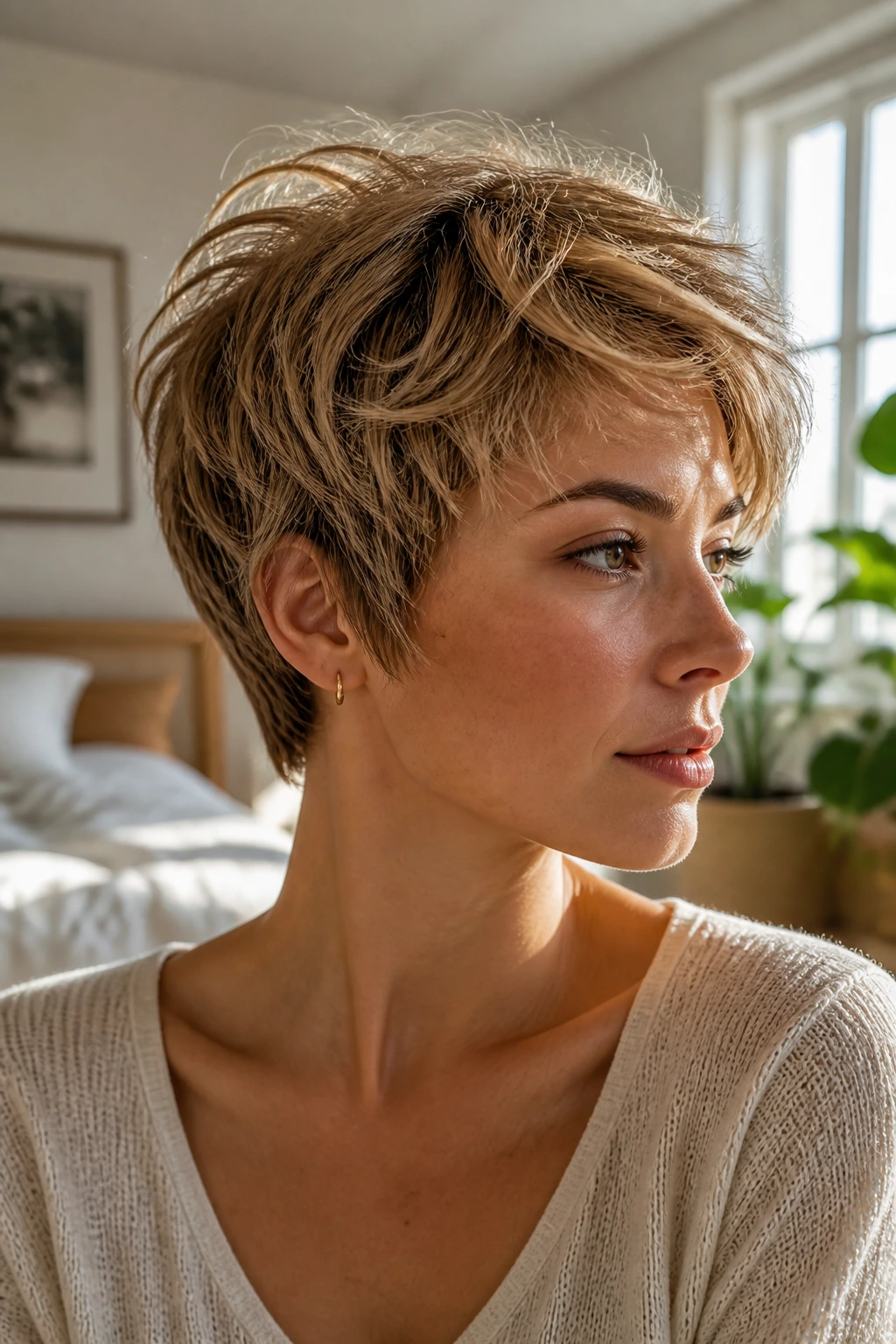 Real person with short layered hairstyle showing movement created by soft layers