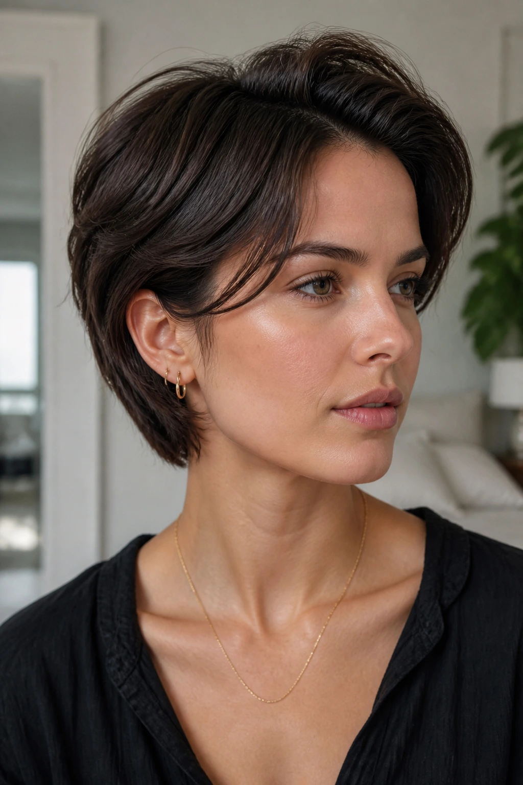 Close-up of real person with short hair and soft layers shaping the silhouette