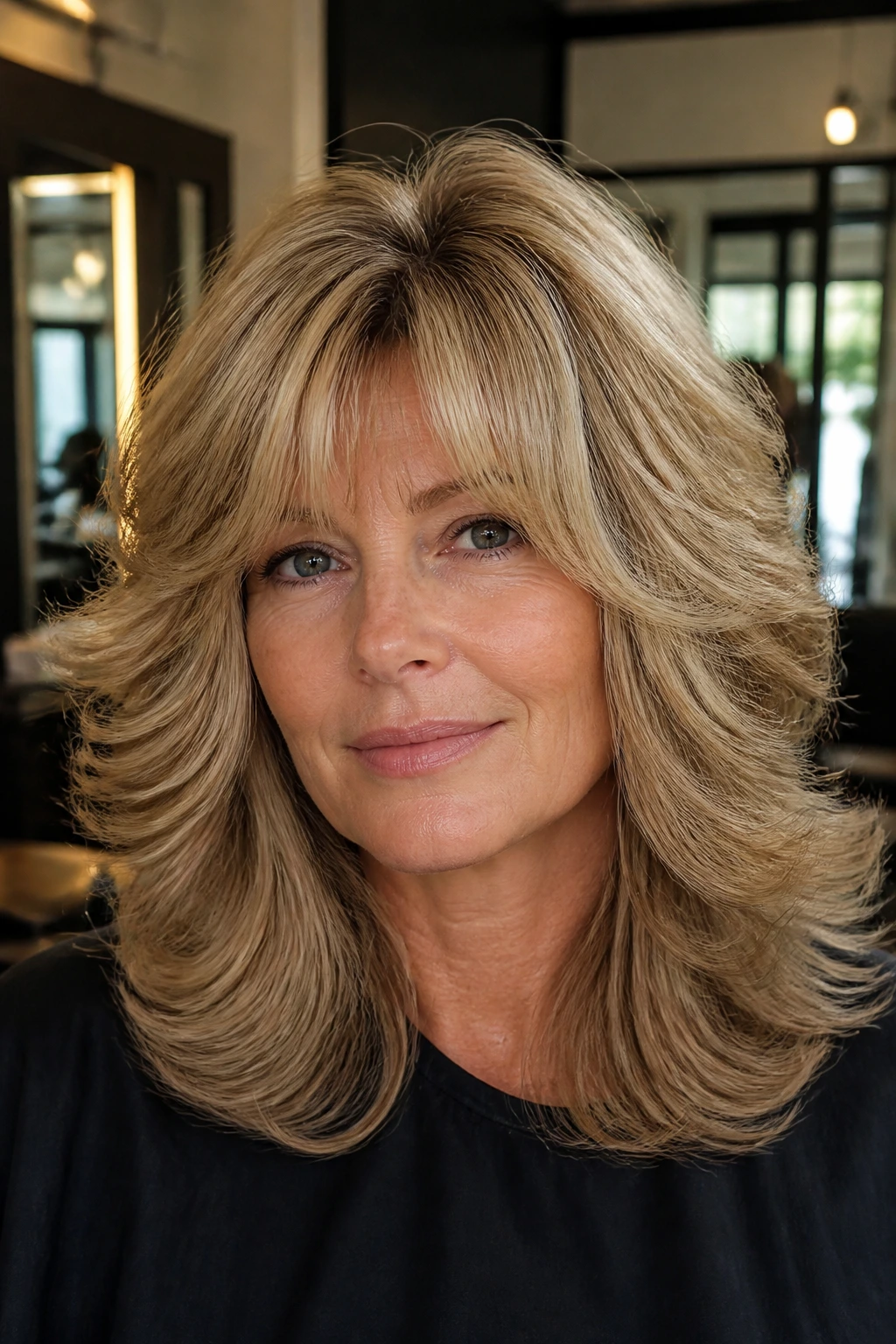 Close-up of soft layered thick hair framing the face
