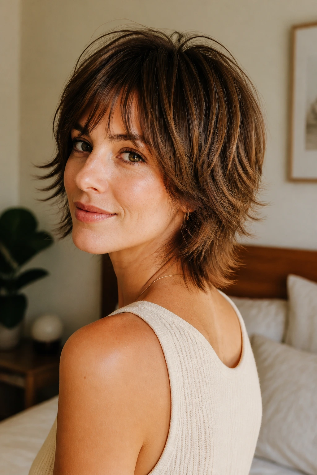 Portrait of a real woman with soft layered hair showing perimeter weight.