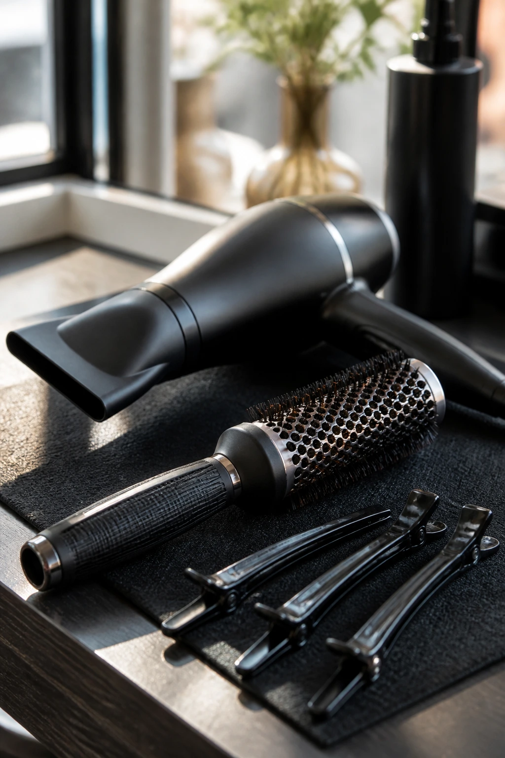 Close-up of styling tools (blow dryer, round brush, sectioning clips) used to shape soft layers.