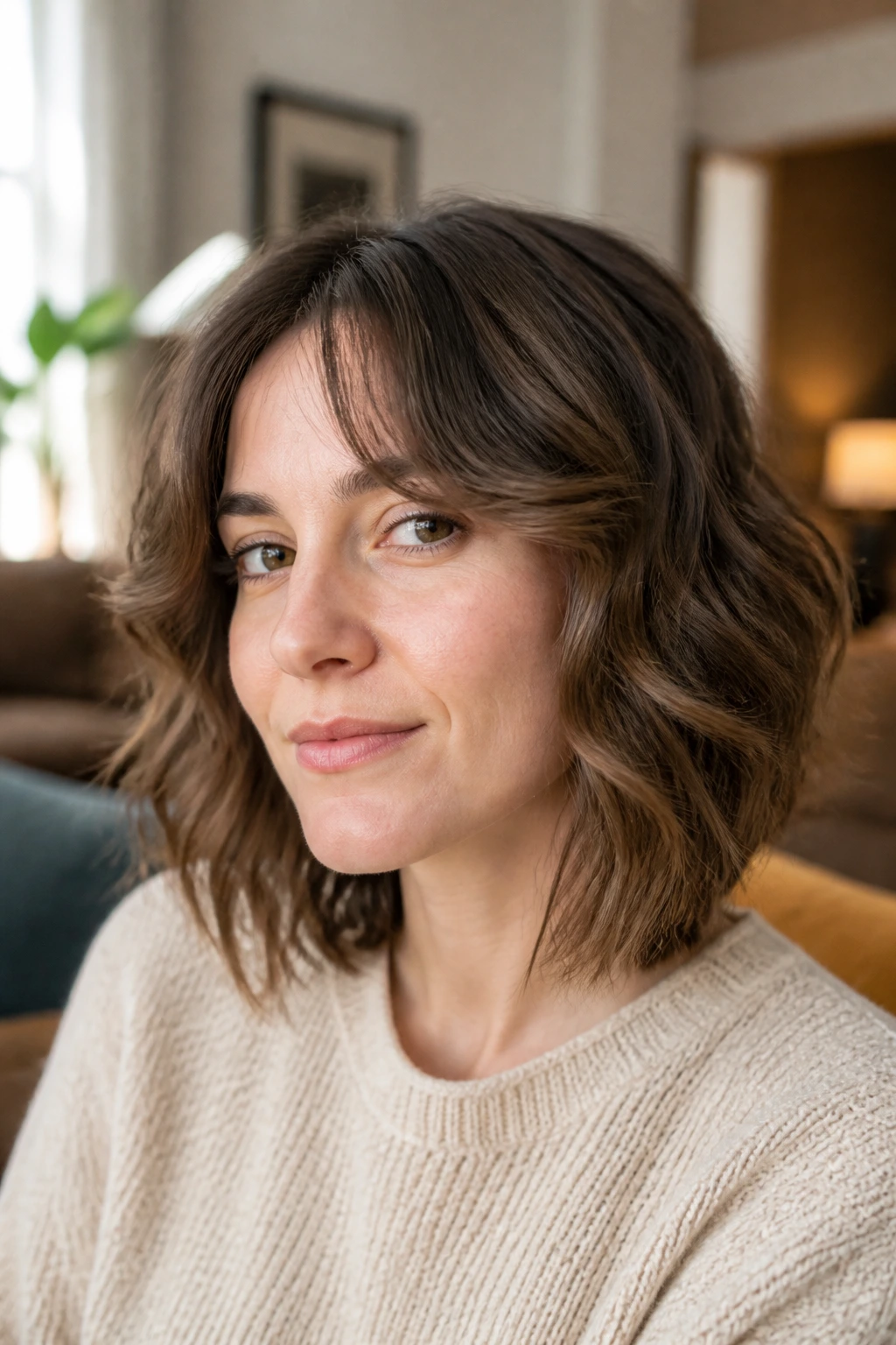 Portrait of a woman with a balanced mid-length wavy haircut with soft layers