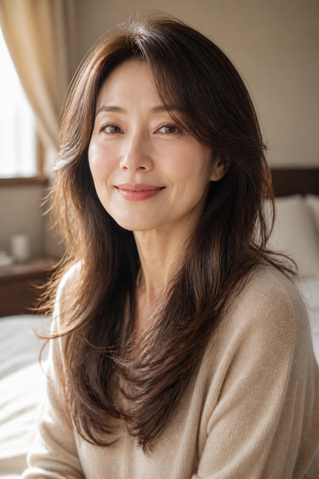 Close-up of a real woman with soft-length long hair showing gentle movement