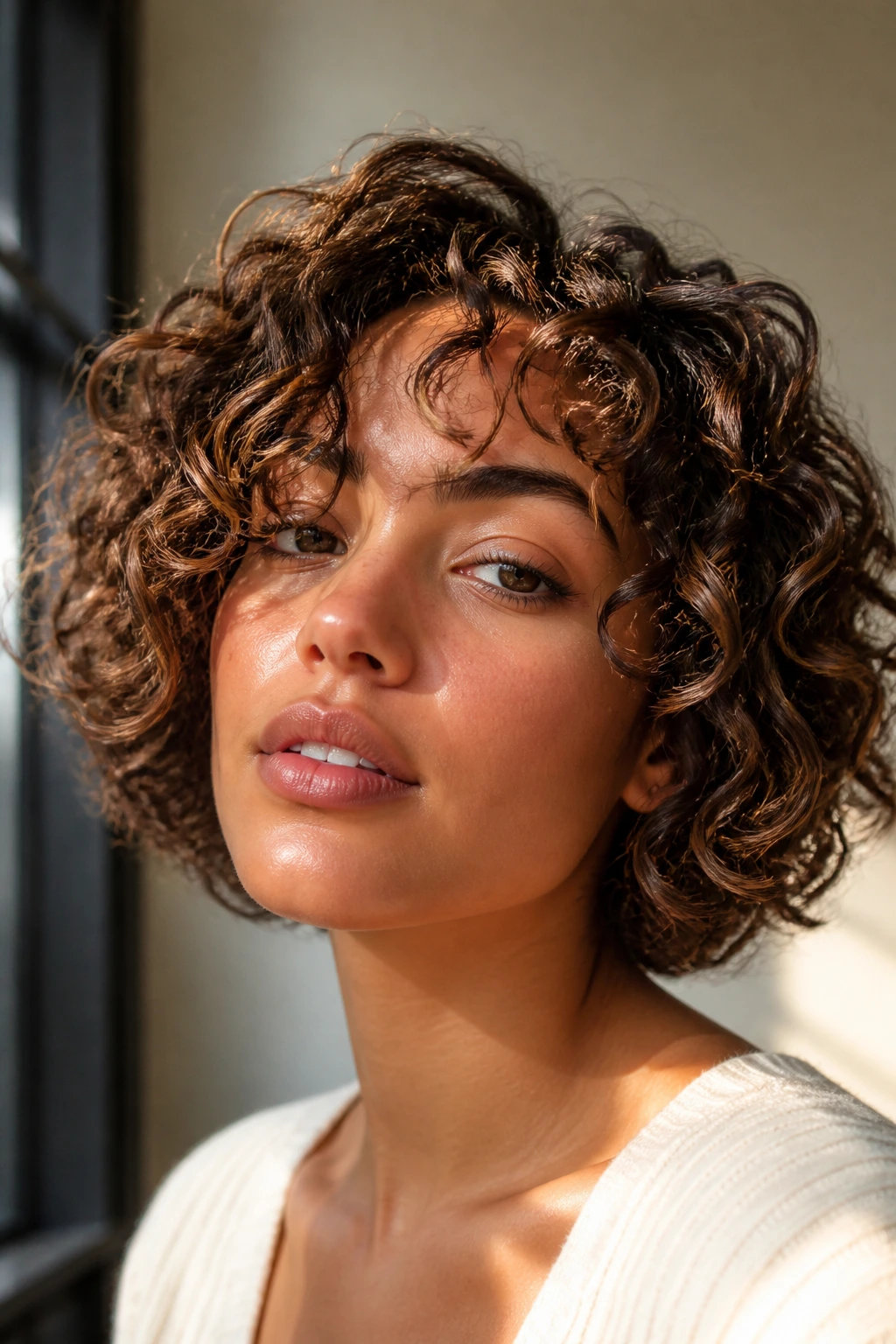Close-up of curly hair under soft light showing movement and shape