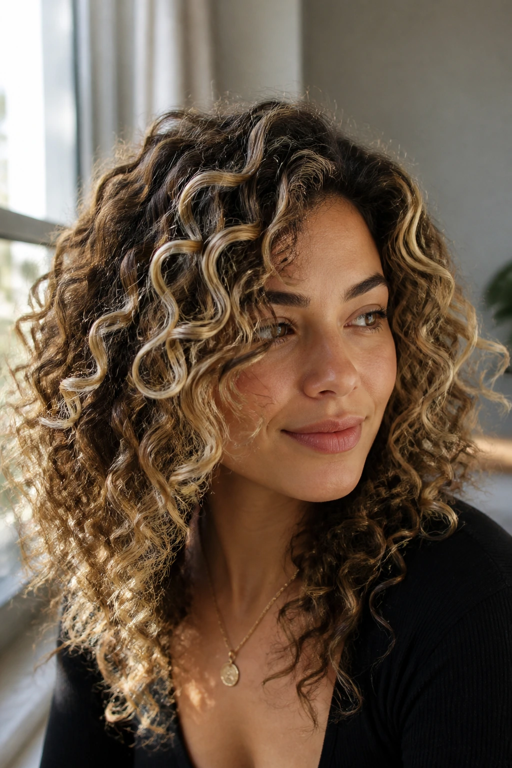Close-up of a real person with curly hair showing honey ribbons beige babylights vanilla roots bronze lowlights in sunlit window