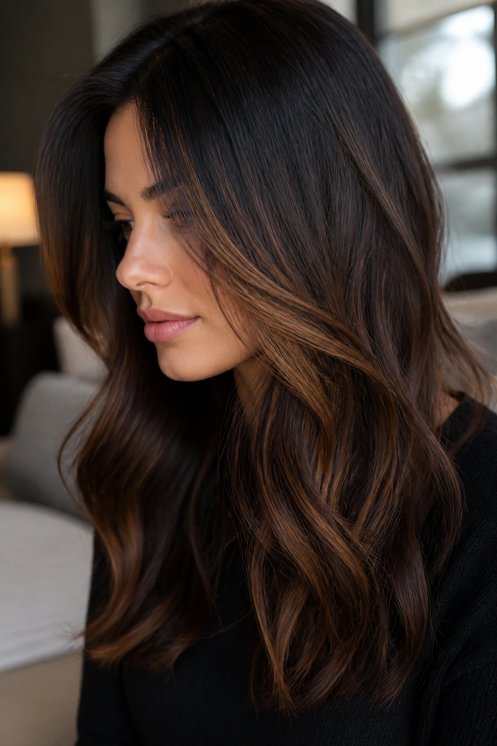 Close-up of dark-haired woman with a soft caramel ribbon under window light