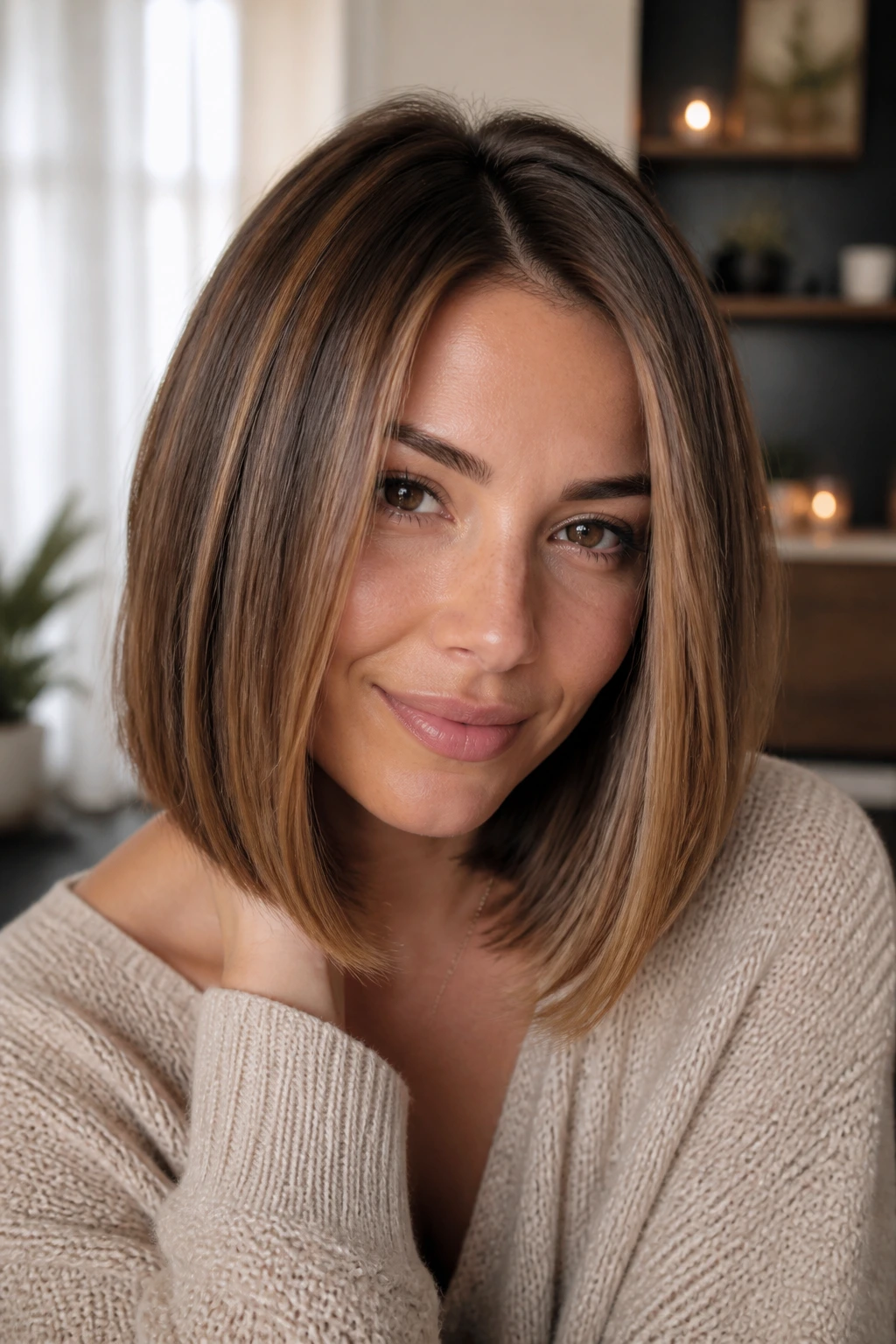 Close-up portrait of a real woman with caramel-highlighted bob under soft window light.