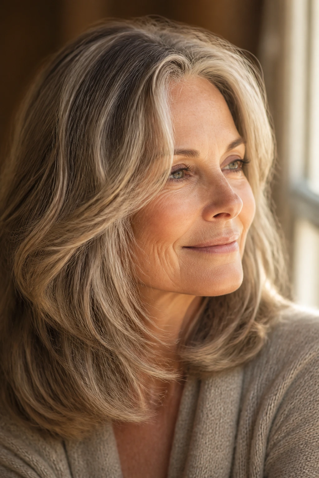 Portrait of woman with soft light sun-kissed hair highlighting gentle ribbons.