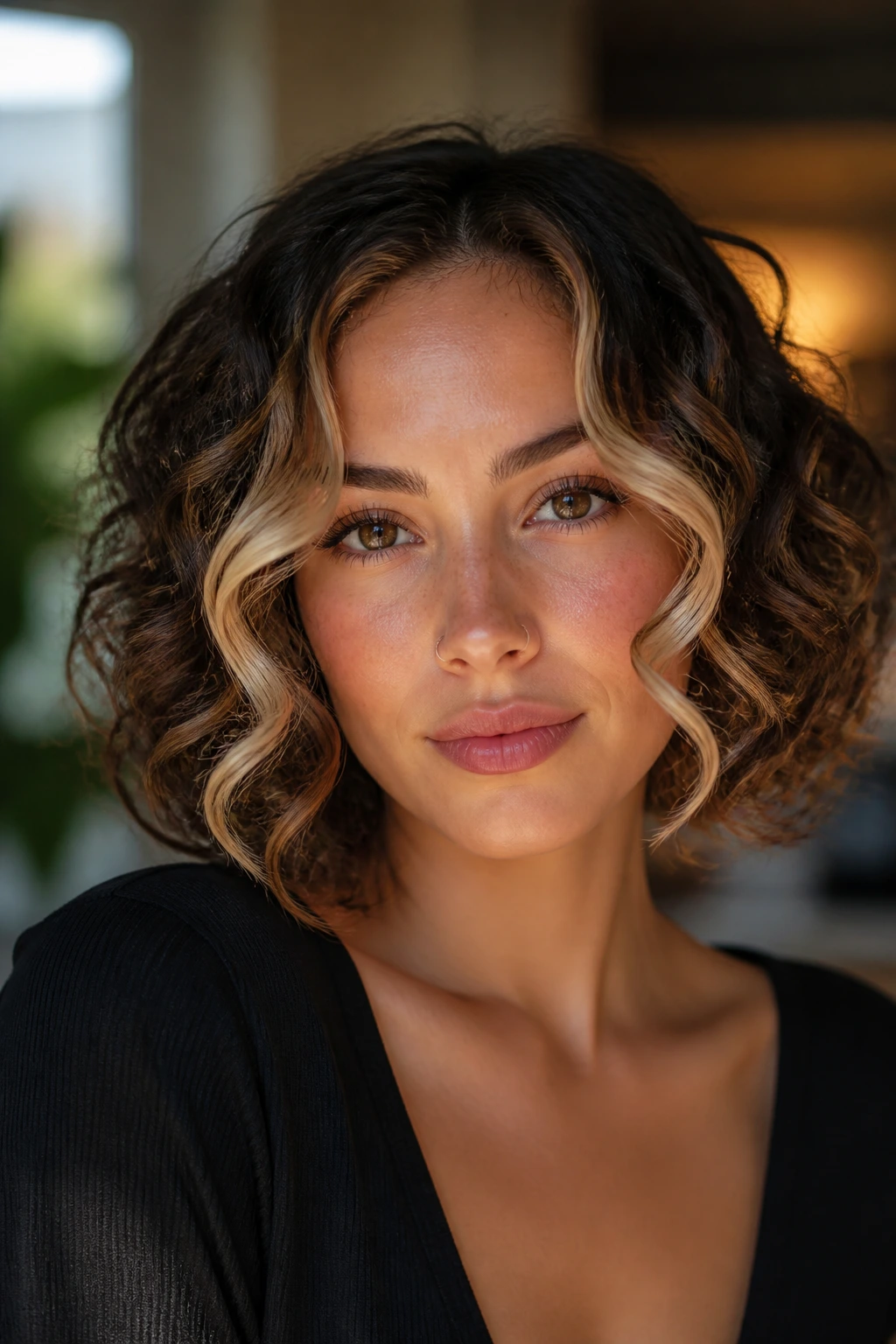 Curly bob with bright front money piece and soft lines