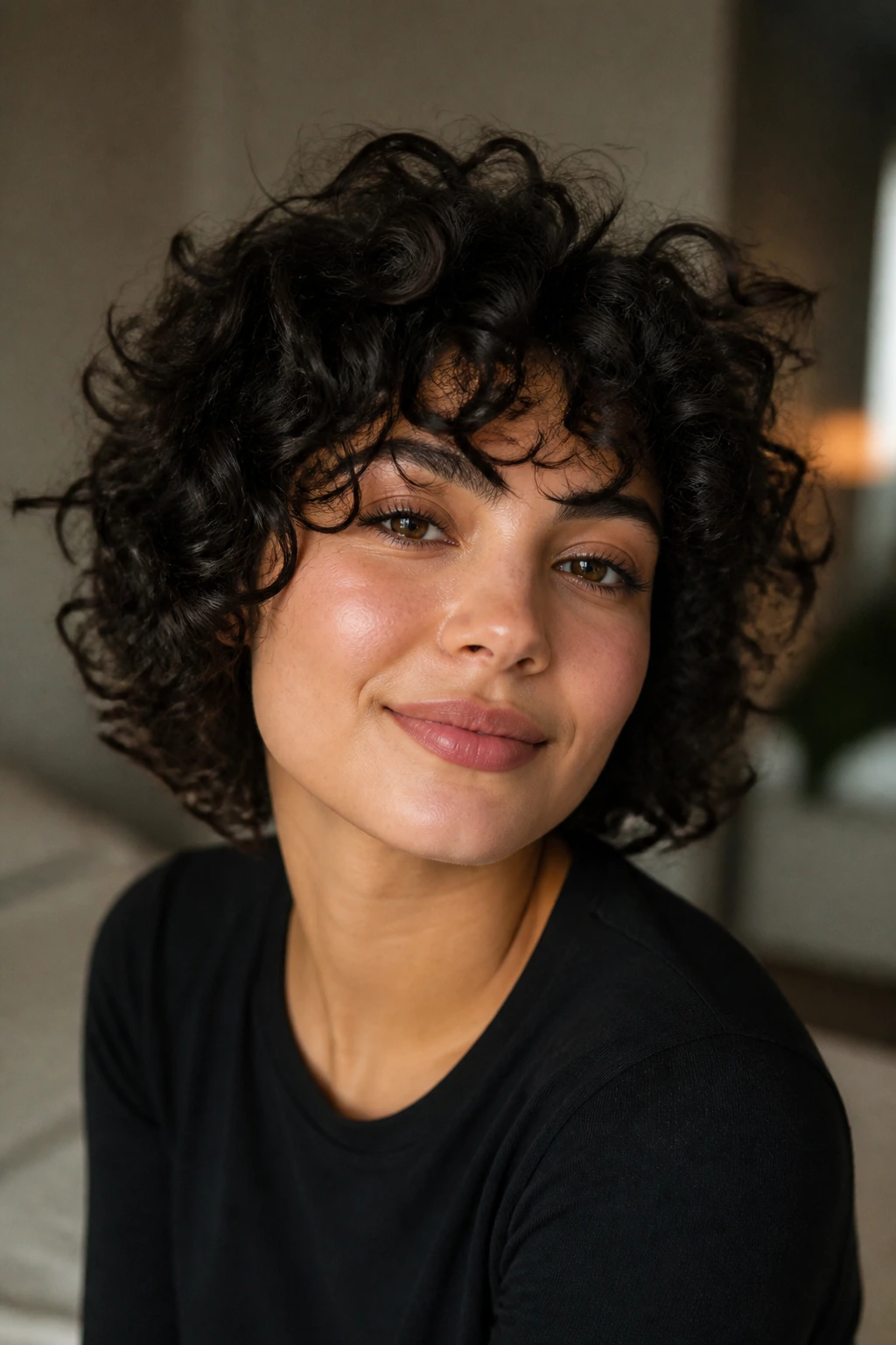 Portrait of a real woman with a curly haircut showing soft lines and strong silhouette