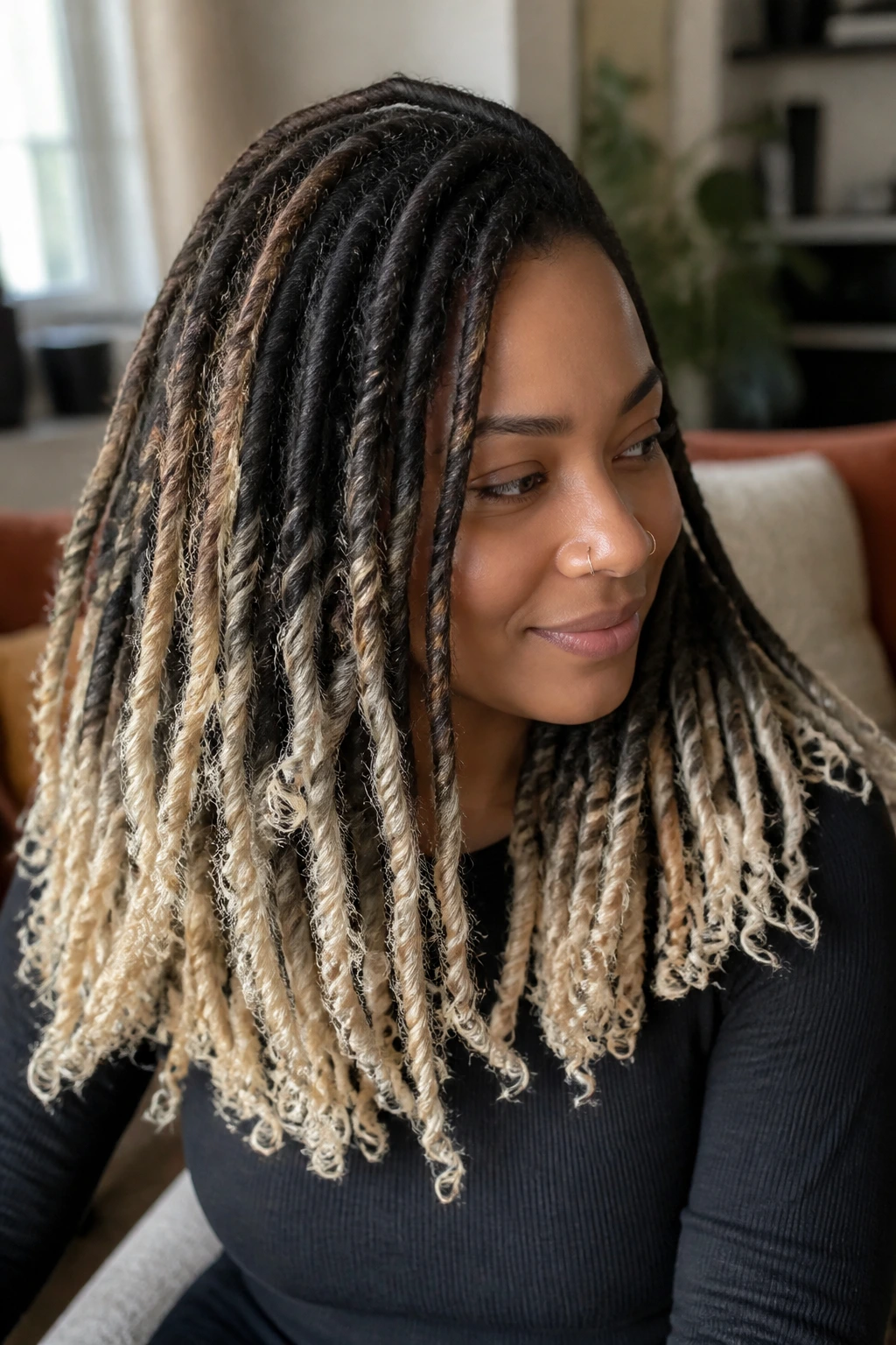 Close-up of a real woman with icy blonde ends on soft locs