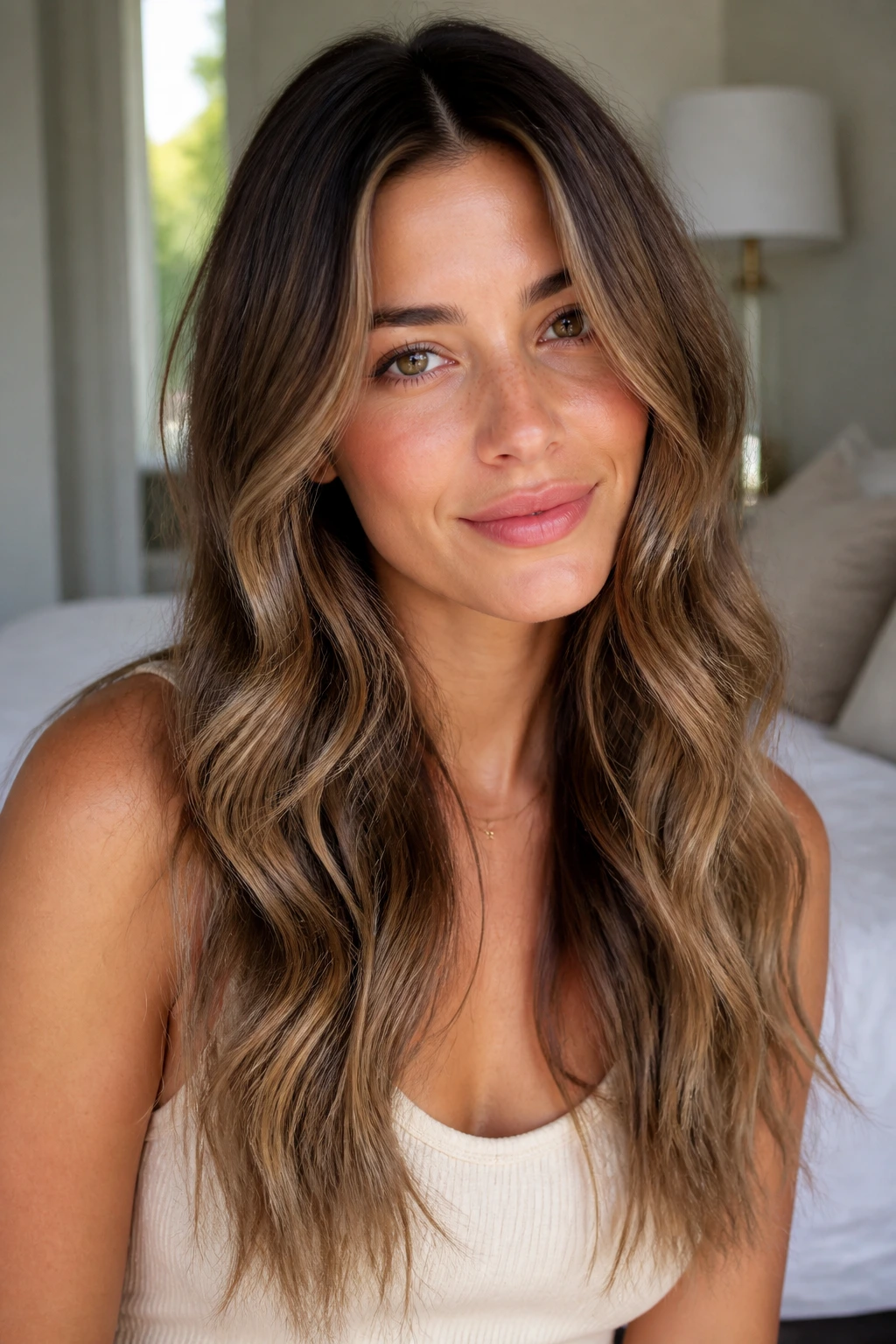 Portrait of hair with soft long layers and center part