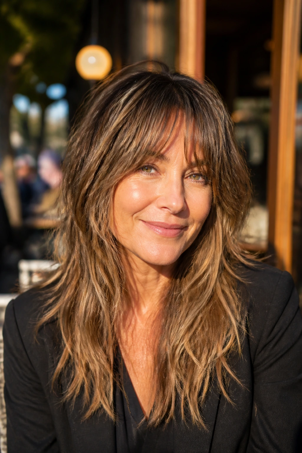 Real woman with long shag and airy fringe, hair texture visible and natural.