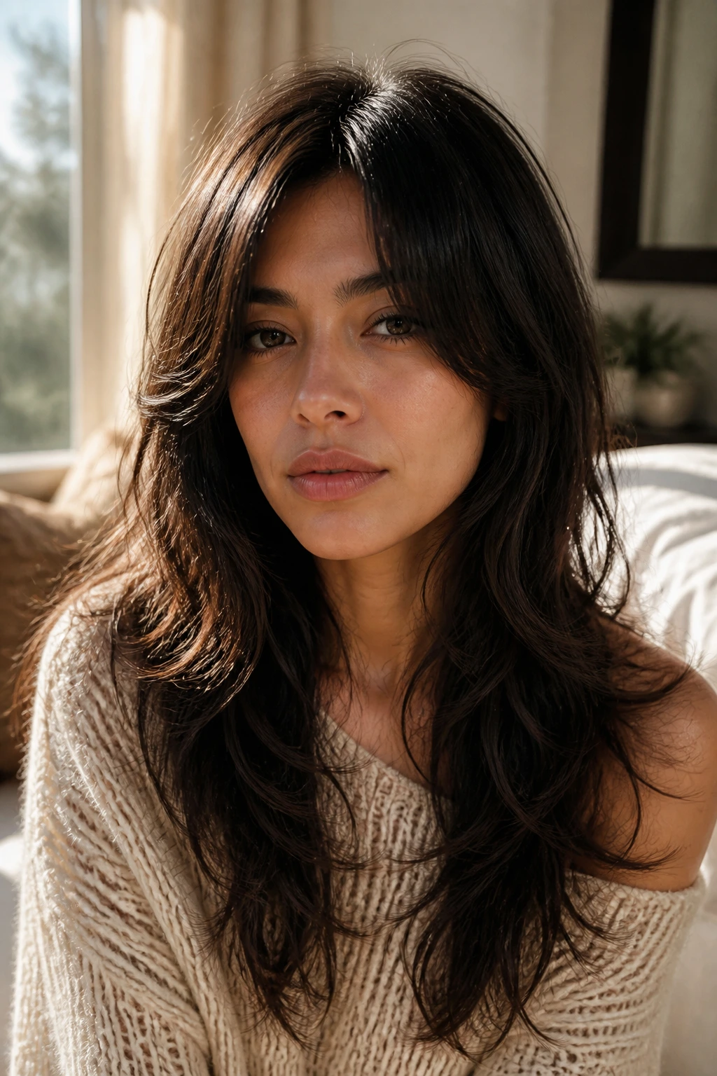 Close-up portrait of a real woman with soft long shag hairstyle, airy texture, sunlit bedroom