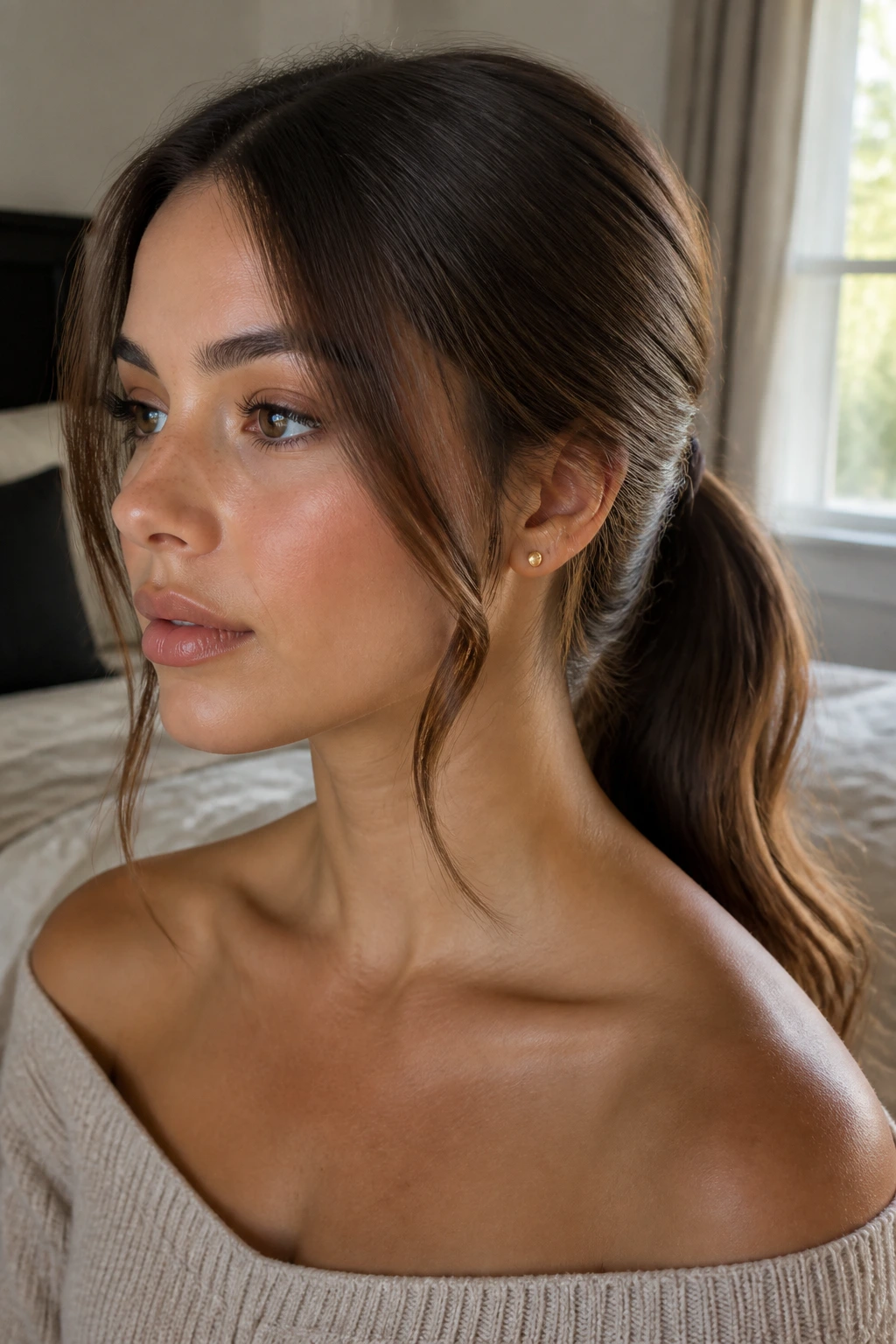 Close-up of a woman with a soft low ponytail and face-framing pieces