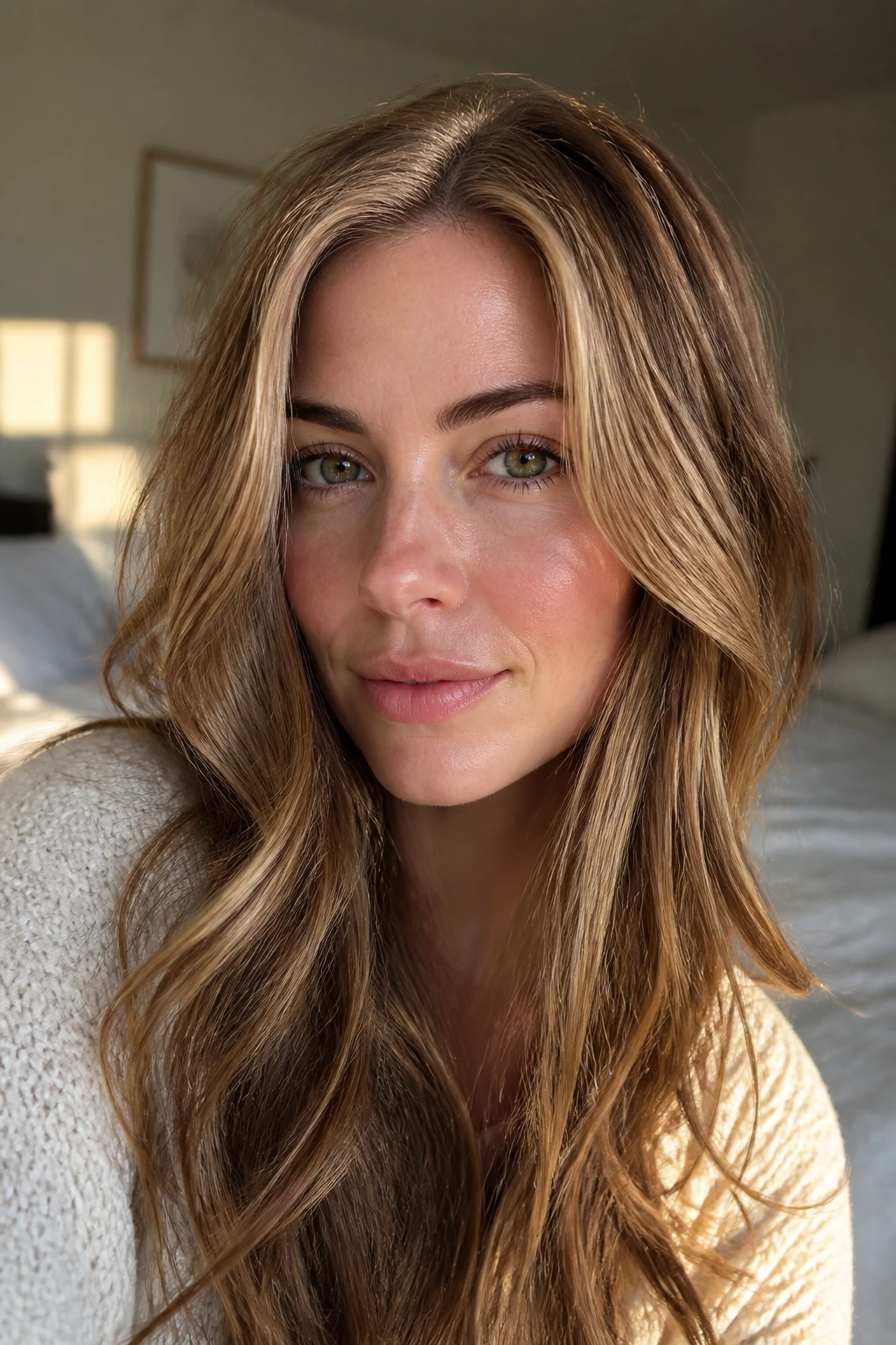 Close-up of a real woman with chestnut caramel hair and soft lowlights.