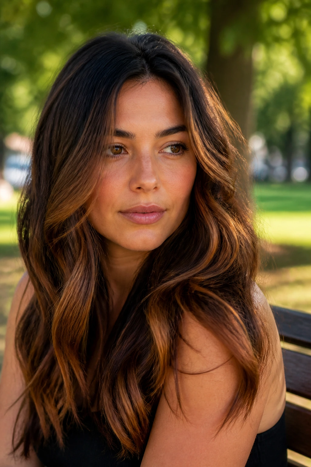 Close-up portrait of woman with soft maple balayage.